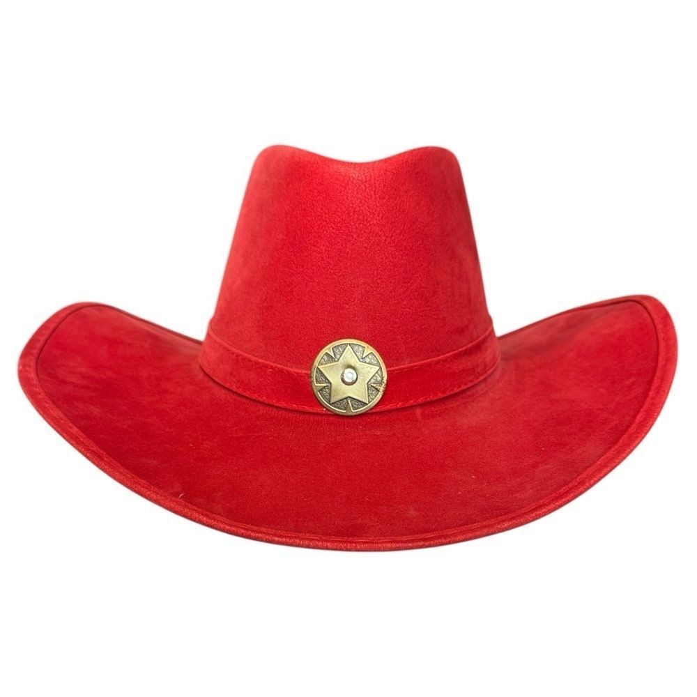 Red Faux Suede Cowboy Hat with Star Emblem
